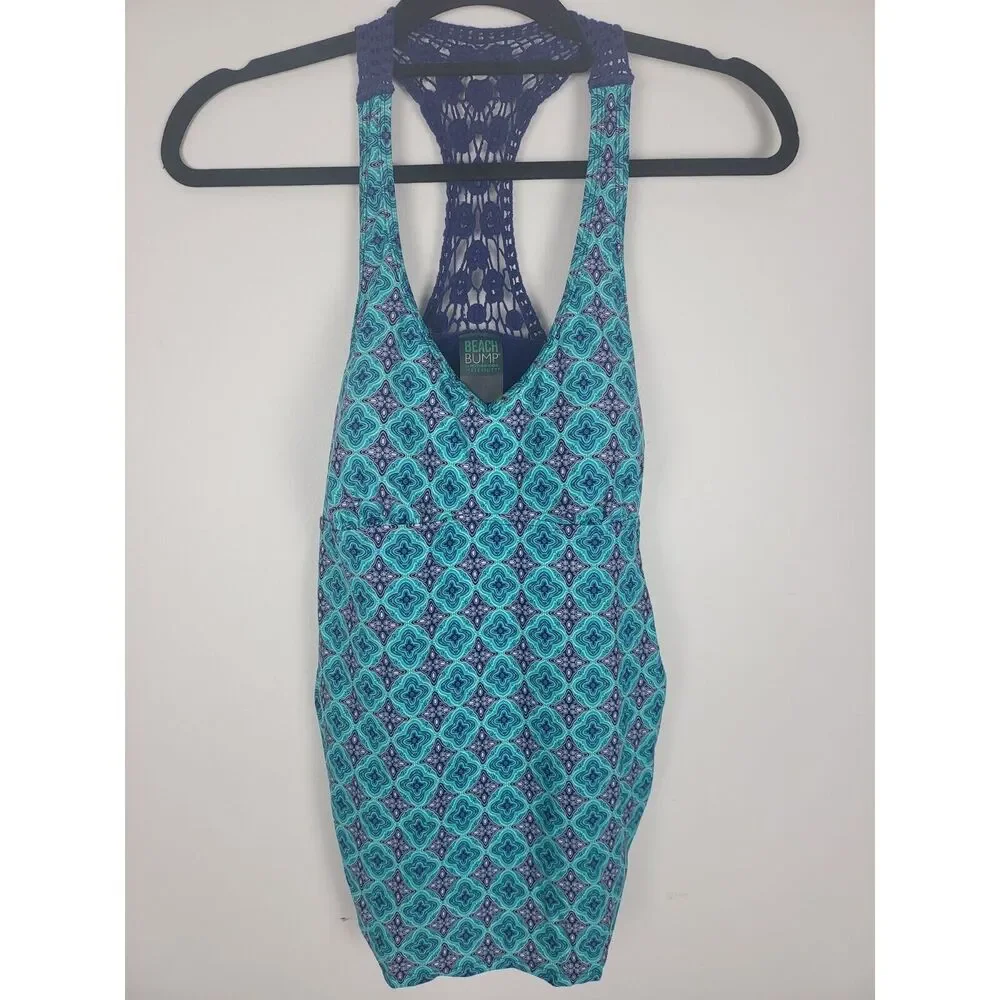 Beach Bump By‎ Motherhood Maternity Swim Top S Womens Blue Halter Crochet Padded